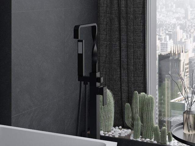 Svart klinker Mexen i badrum