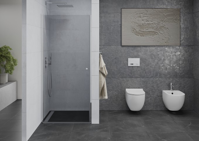 Duschdörrar i ett minimalistiskt badrum