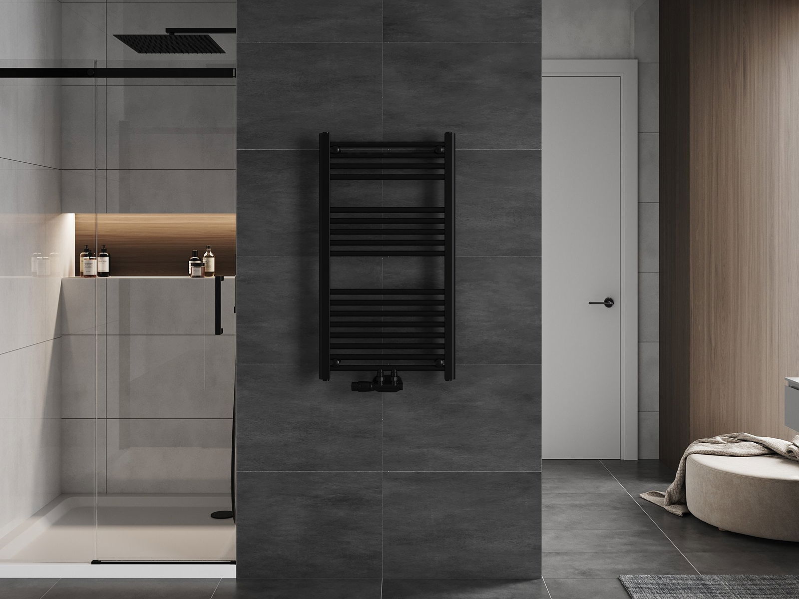 Ansluten radiator i badrummet