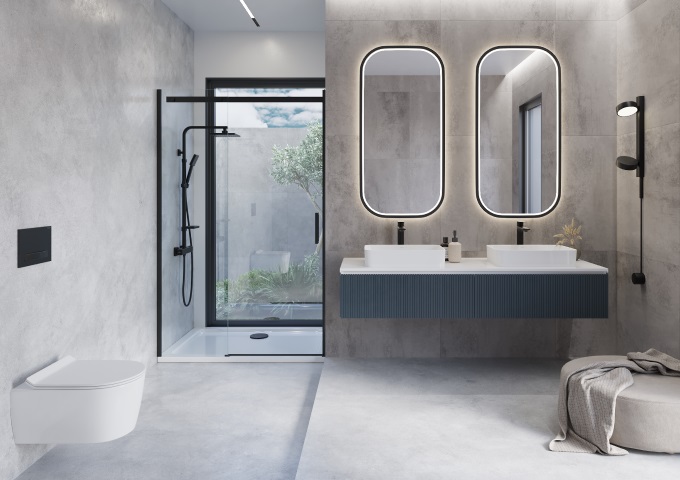 Modernt badrum med duschkabin och två handfat