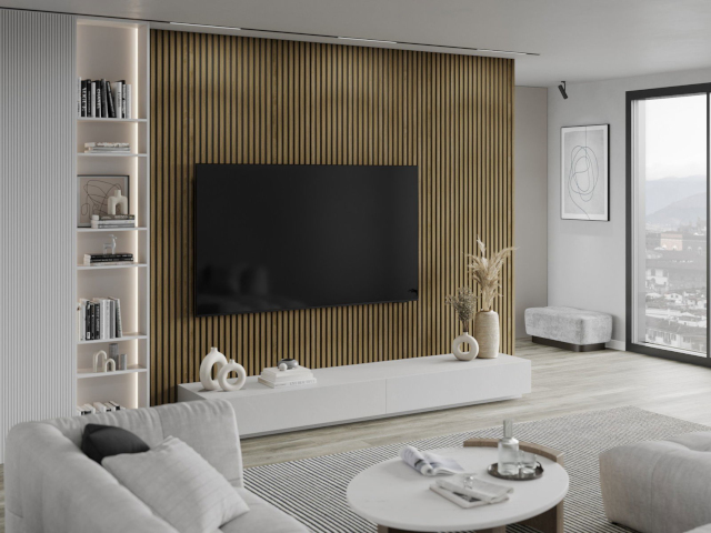 naturlig ek lameller i vardagsrum