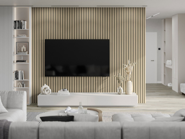 paneler på väggen i vardagsrummet