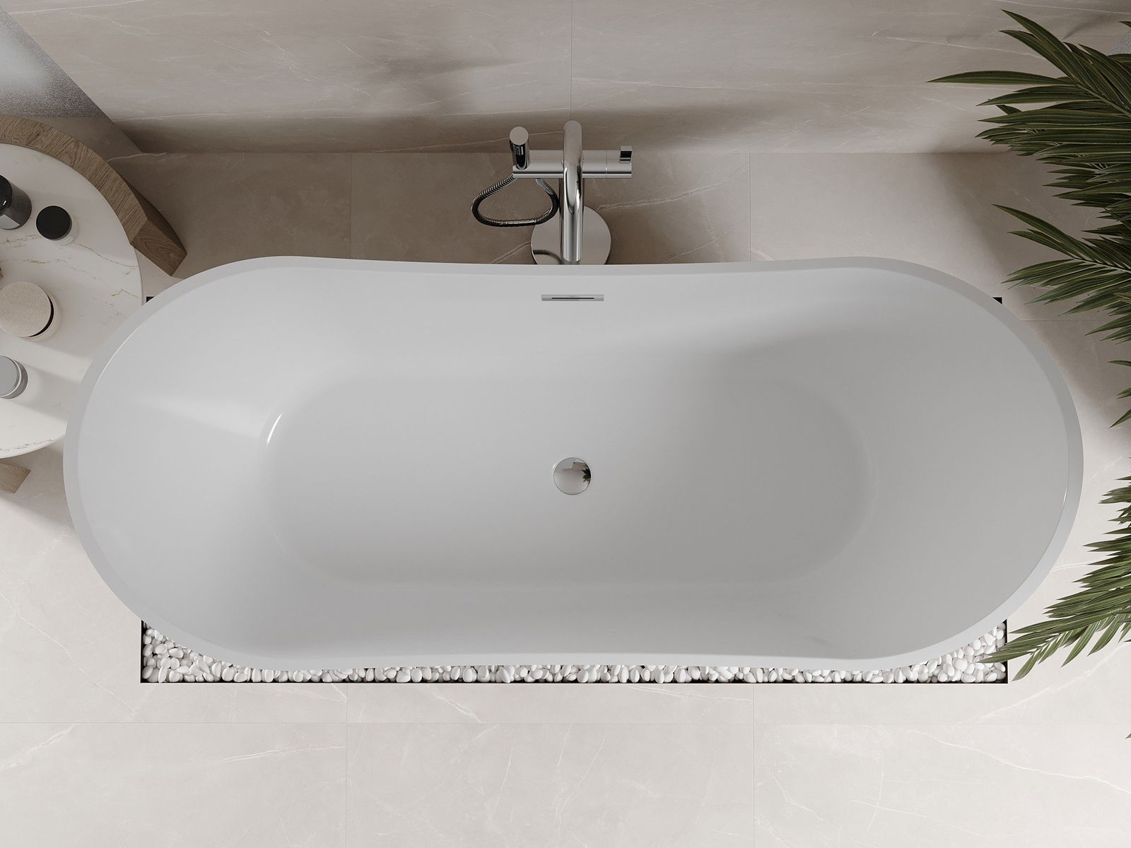 Beige plattor i badrummet med badkar Mexen