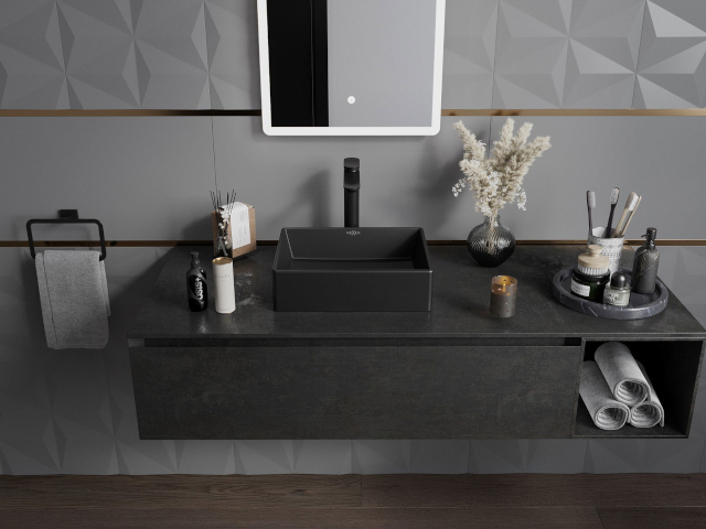 Elegant svart tvättställsskåp i badrumsdesign