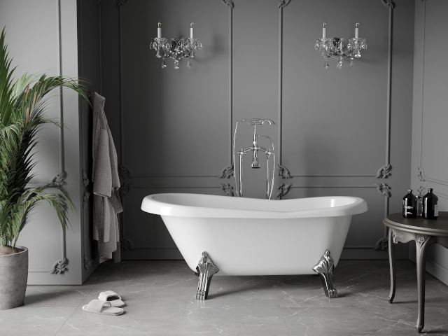 Grått badrum med golvplattor