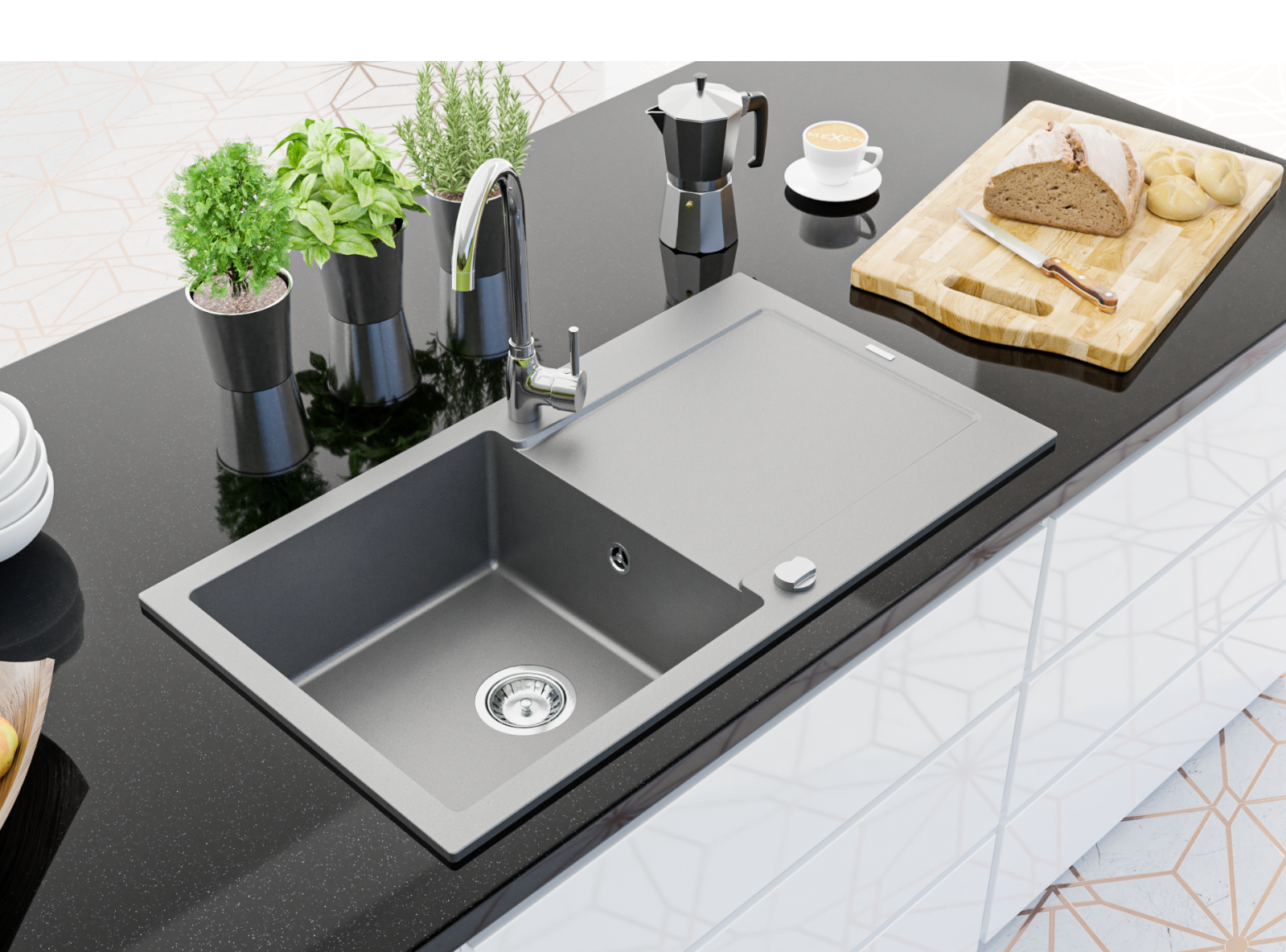 Granitdiskhoar med kran inbyggda i bänk