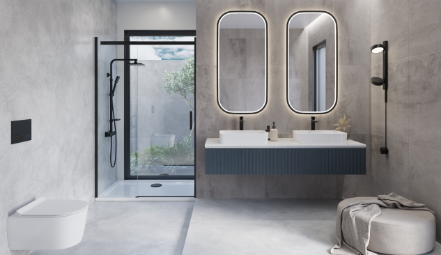 Modern badrum med två fristående handfat