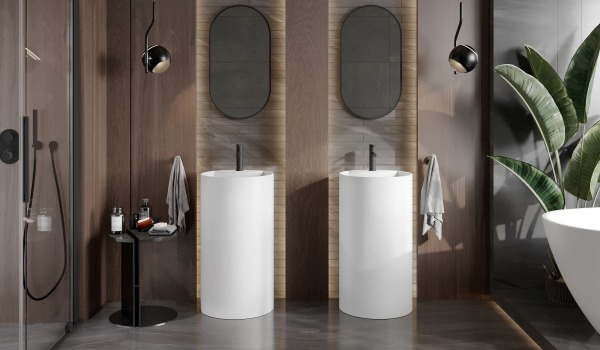 Trätillbehör i ett badrum i boho-stil