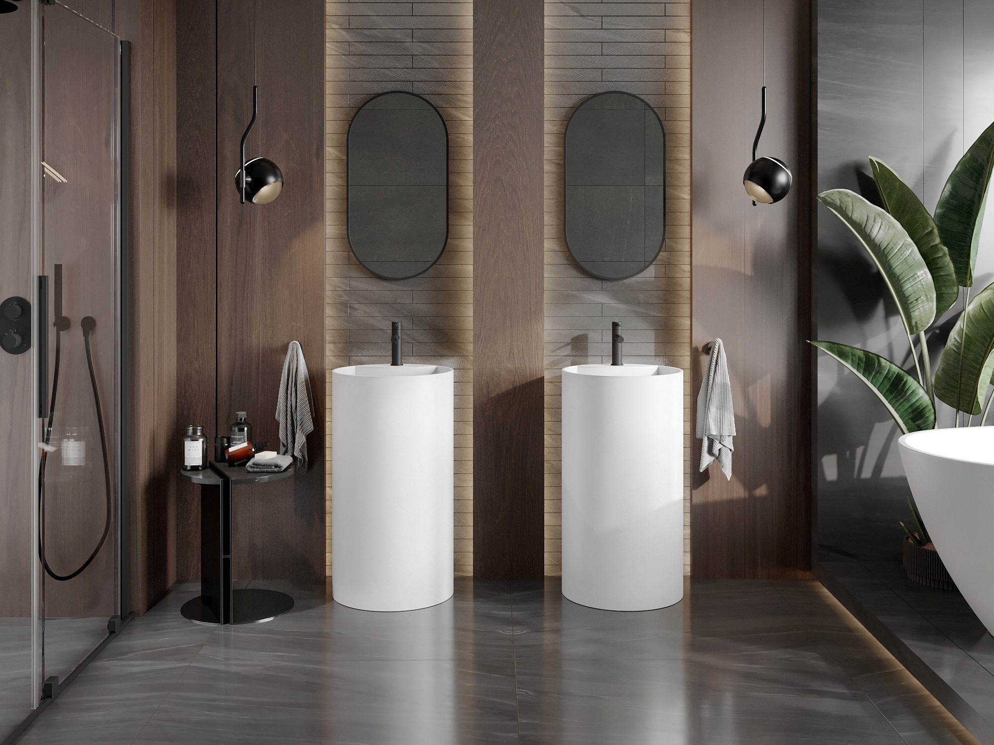 Trätillbehör i ett badrum i boho-stil