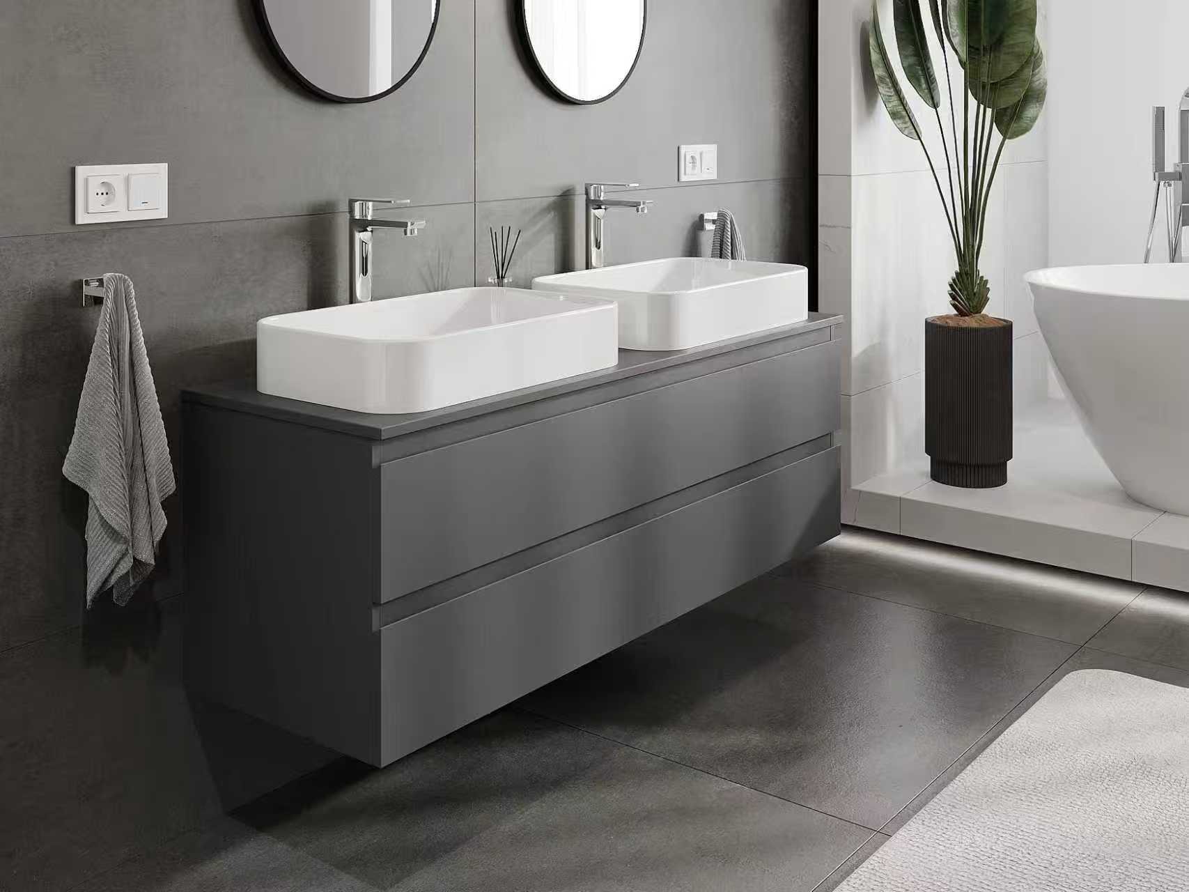 Antracitfärgat badrumsskåp med två handfat