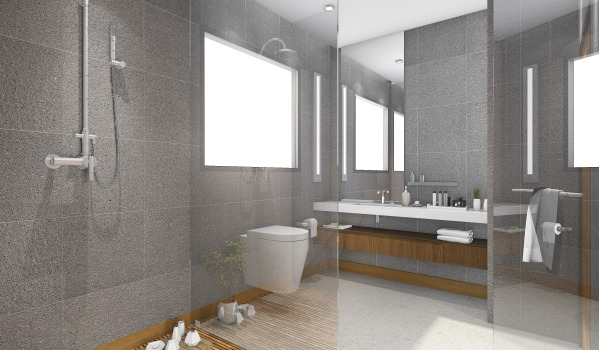 Stiligt badrum med ett inbyggt duschsystem