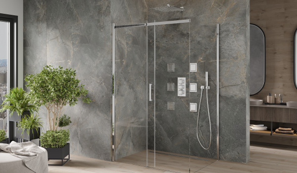 Minimalistisk duschkabin i sten