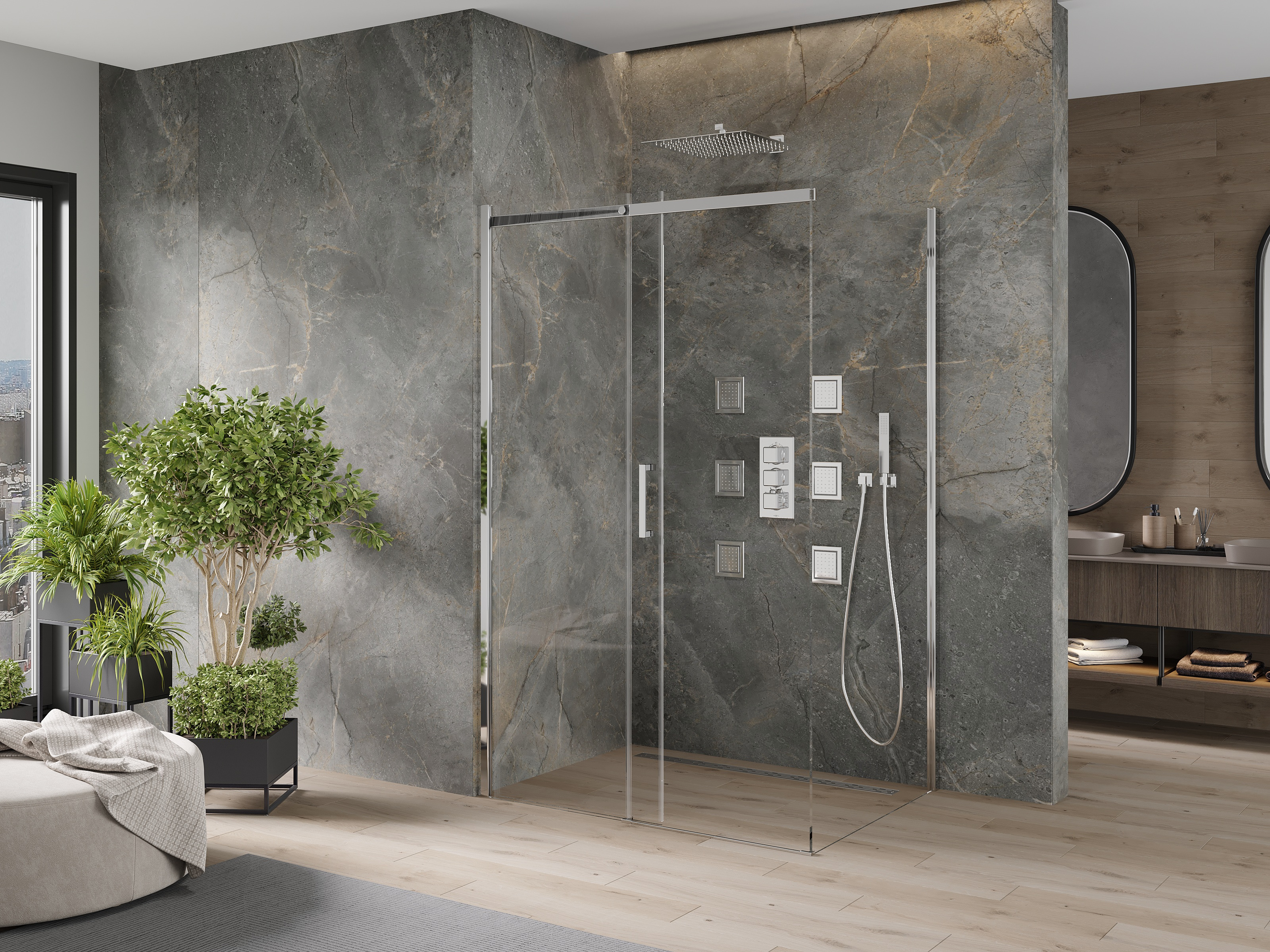 Minimalistisk duschkabin i sten