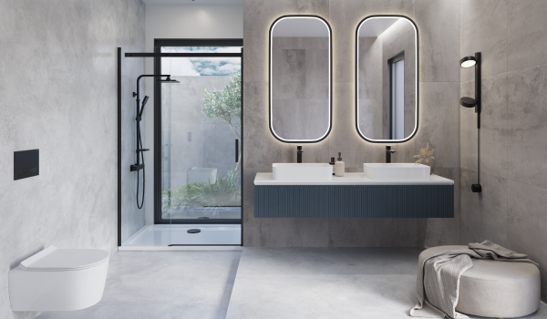 Modern badrum med två bänkskålar