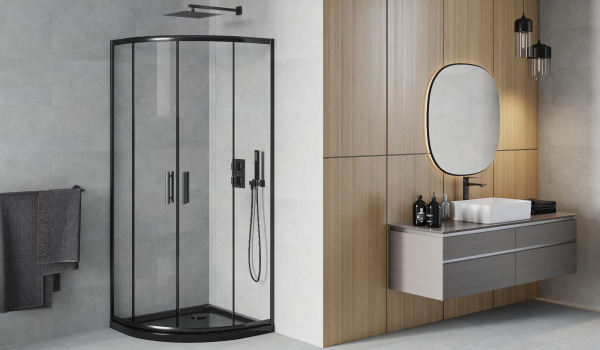 Svart halvcirkelformad kabin i minimalistisk stil