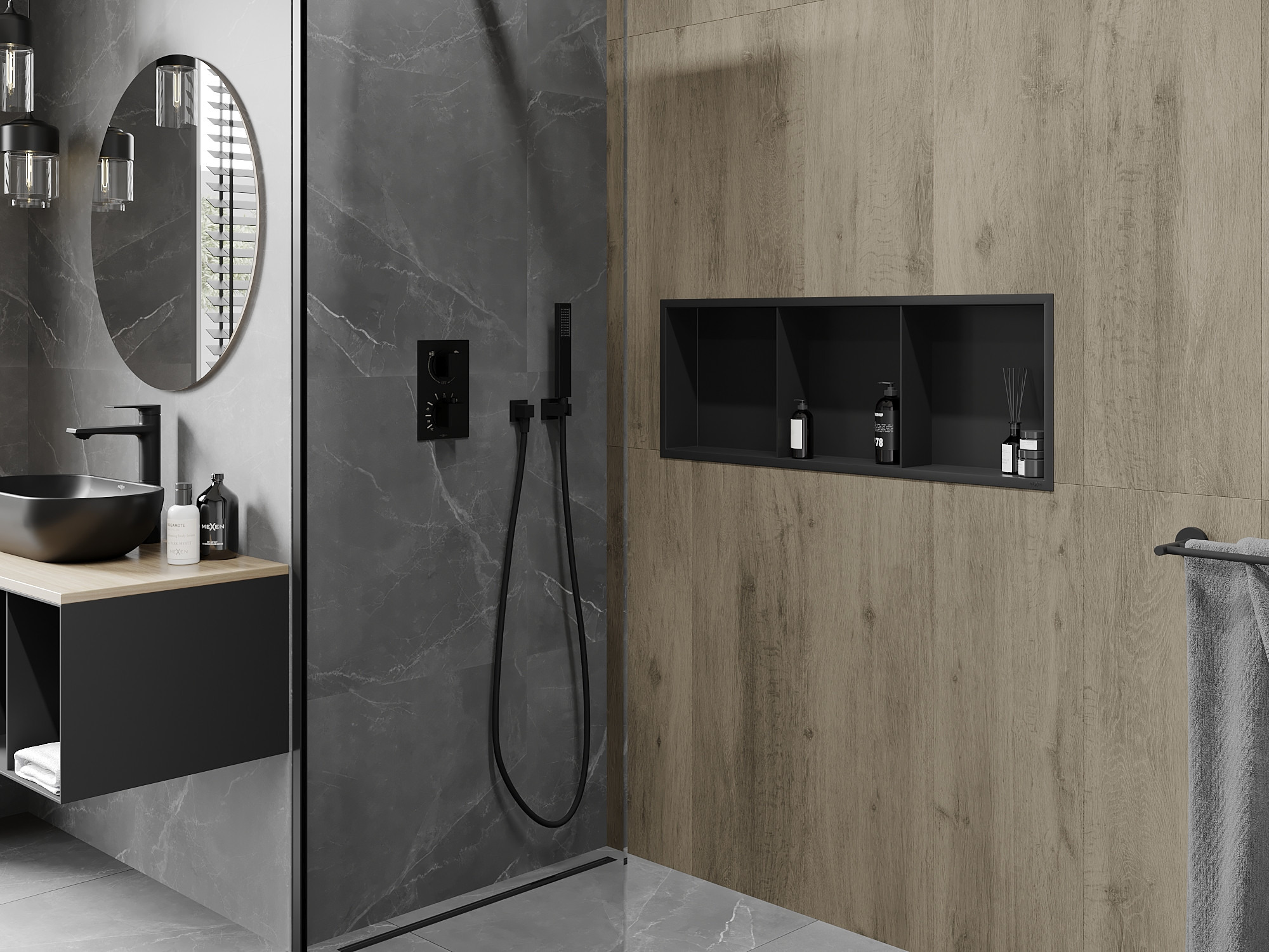 Industriellt badrum med inbyggd hylla i duschen