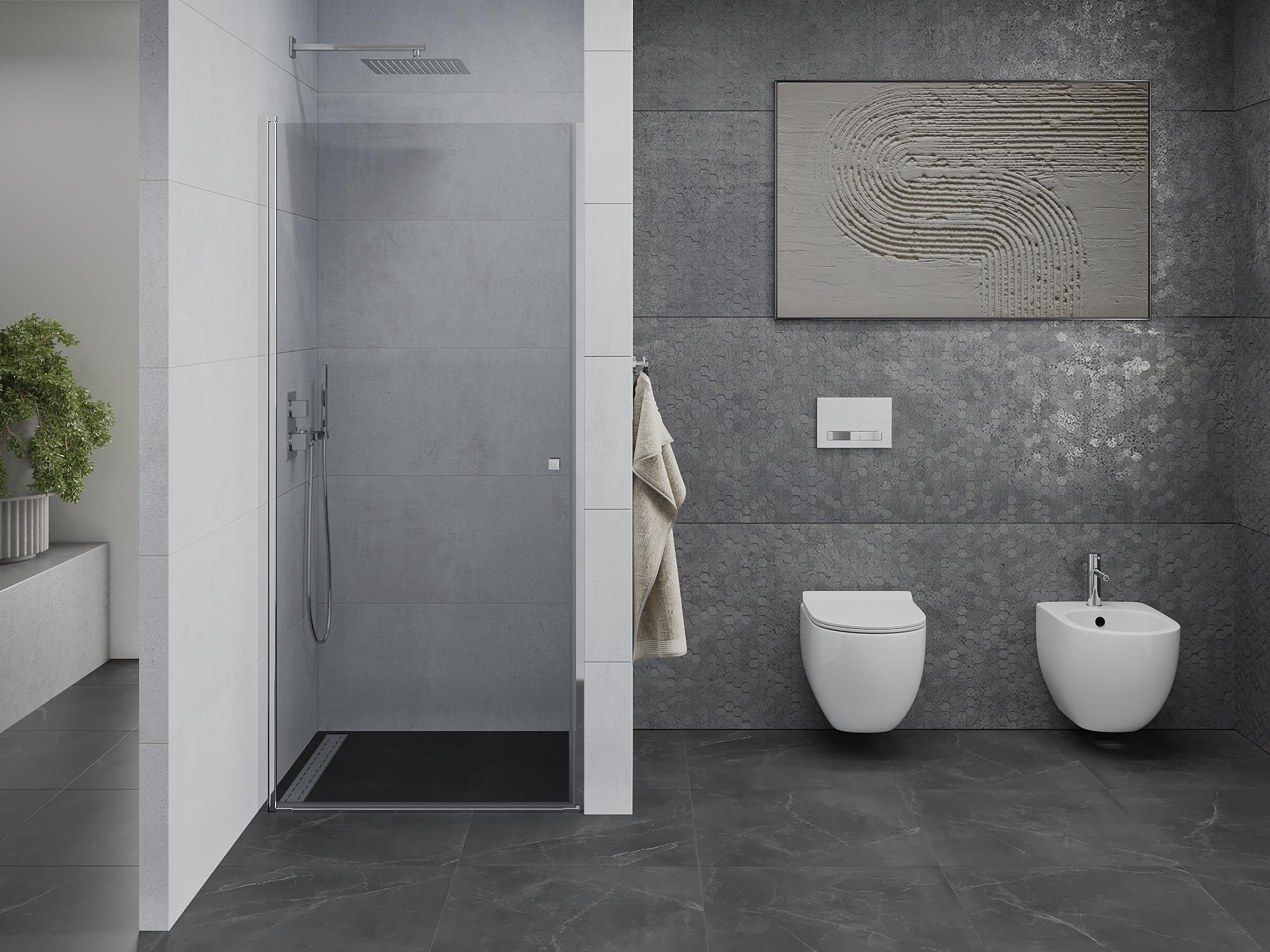 Rymligt badrum med duschdörrar