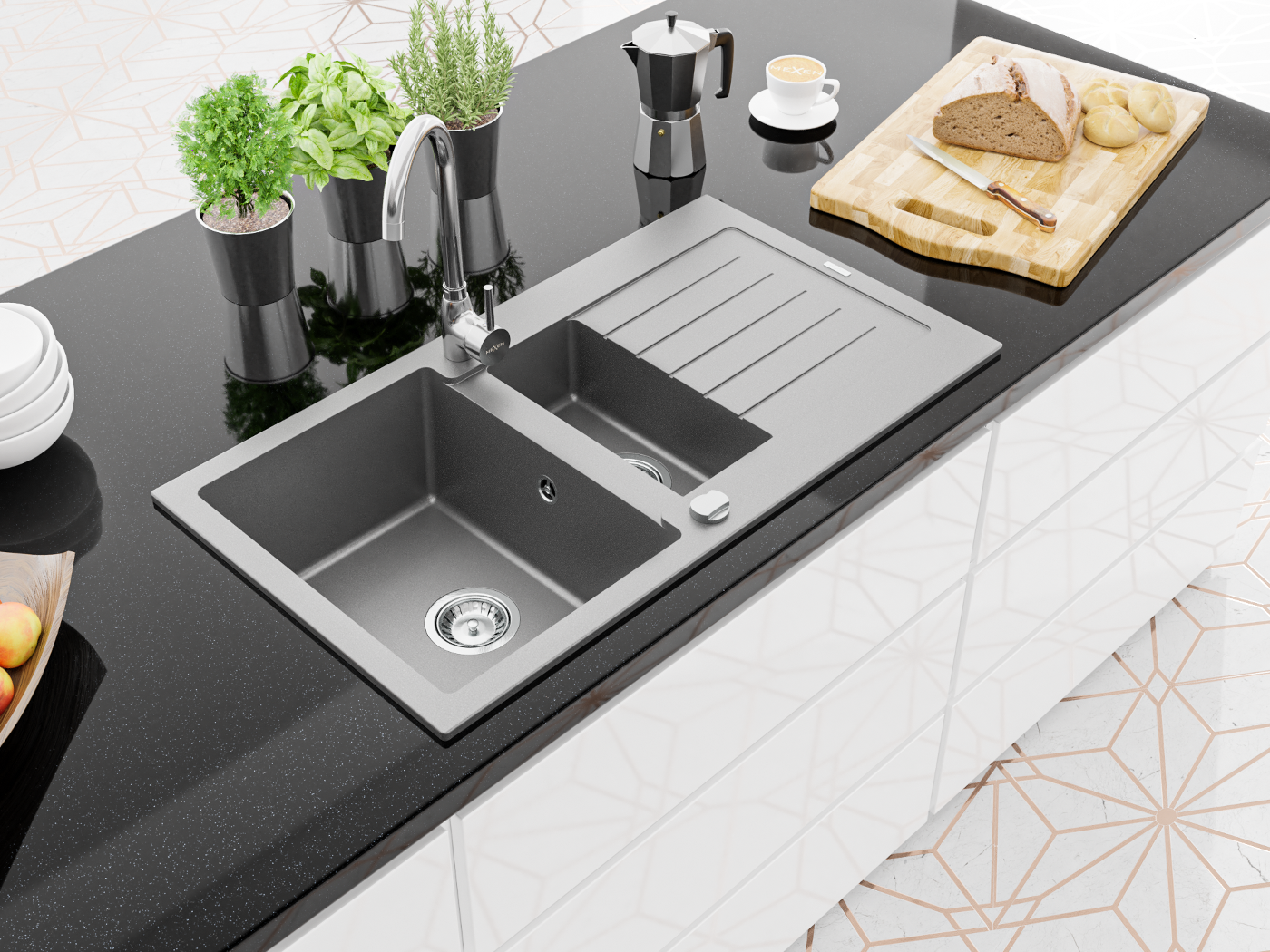 Vitt, svart, grått i ett modernt kök