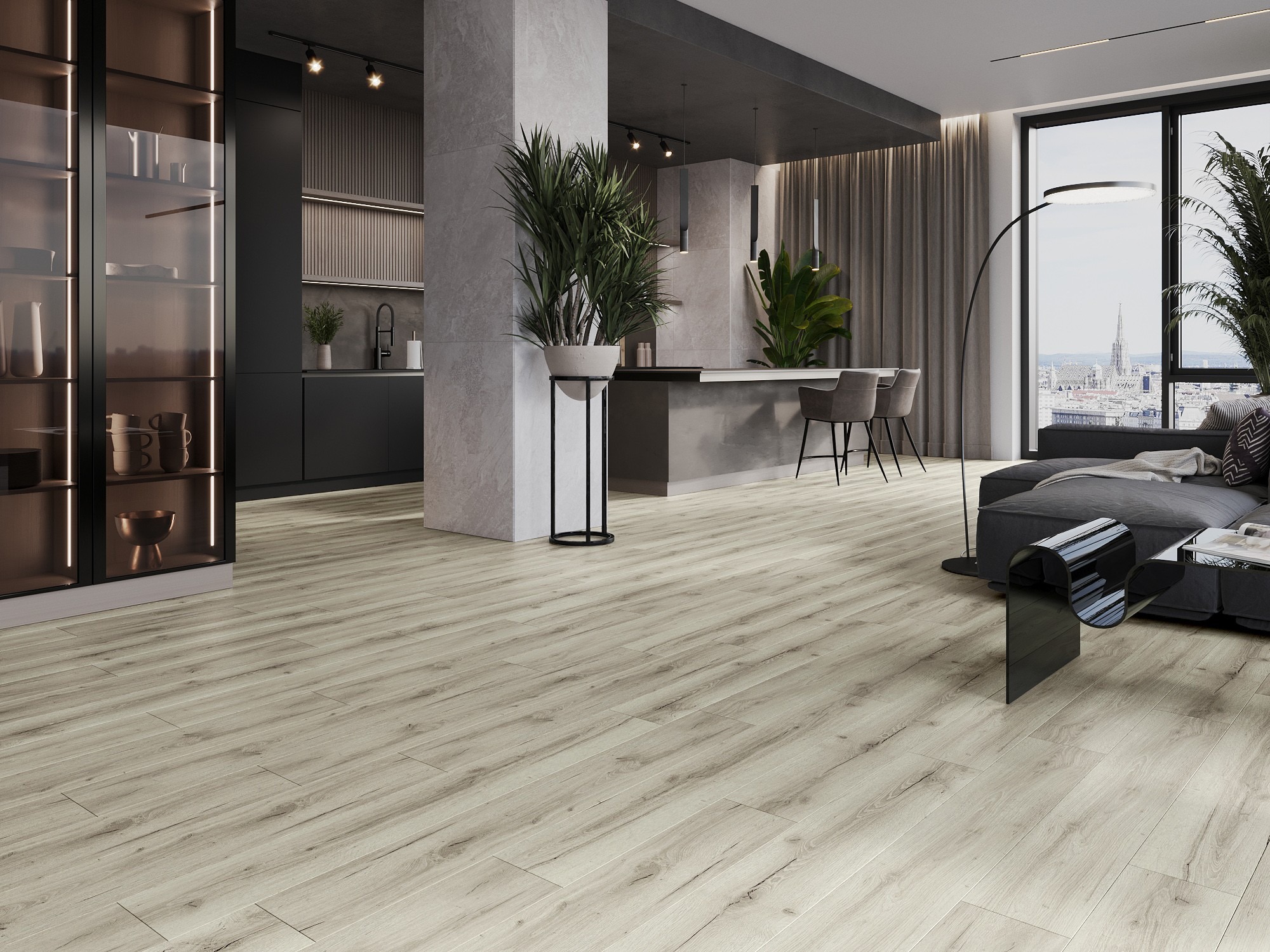 Lyxiga vinylpaneler i kök och vardagsrum