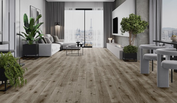 Modern vardagsrum med golv som imiterar trä