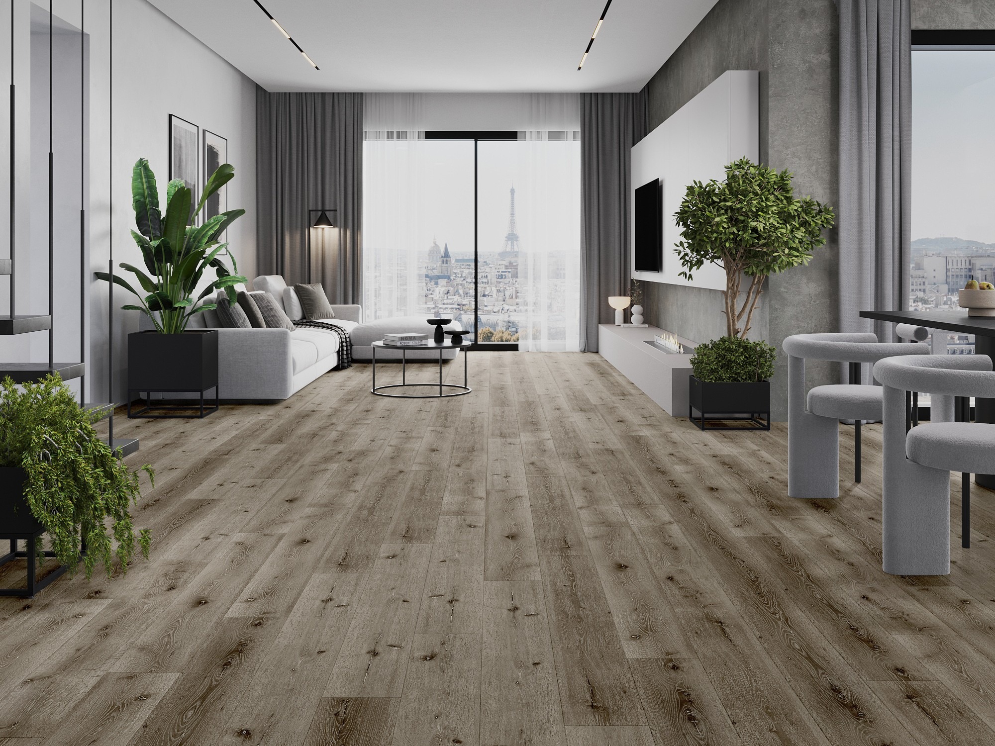 Modern vardagsrum med golv som imiterar trä